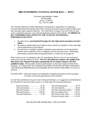 National High School Swimming Honor Roll Application
