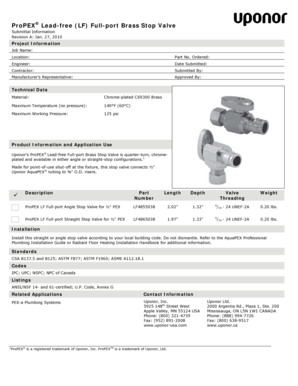 ProPEX Lead-free Full-port Brass Stop Valve Submittal
