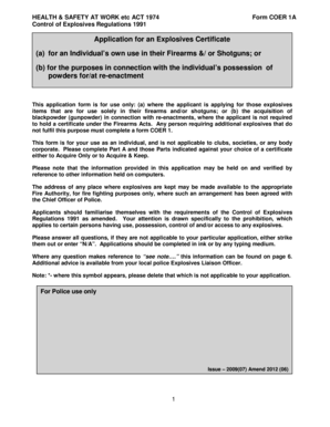 UK Explosives Certificate Application Form COER 1A