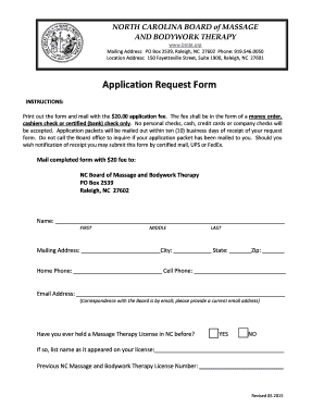 North Carolina Massage Therapy Application Request Form