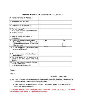 Application for Certificate of Caste