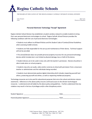 Regina Catholic Schools Personal Electronic Technology Accept Agreement