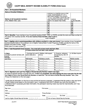 CACFP Meal Benefit Income Eligibility Form