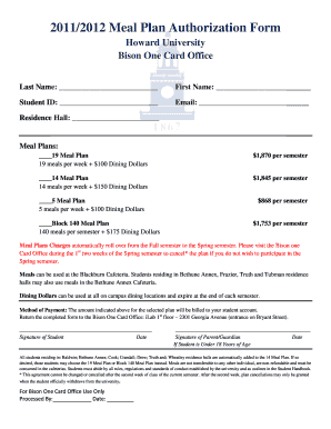 Howard University Meal Plan Authorization Form