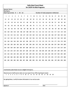 CACFP At-Risk Programs Meal Count Sheet