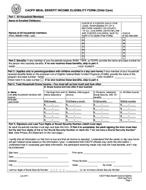 CACFP Meal Benefit Income Eligibility Form
