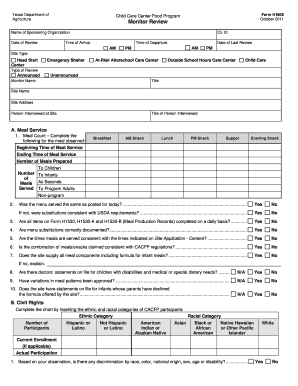 Texas Child Care Center Food Program Review Form H1606