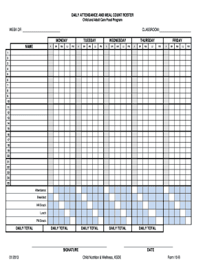 Child Care Daily Attendance and Meal Count Roster