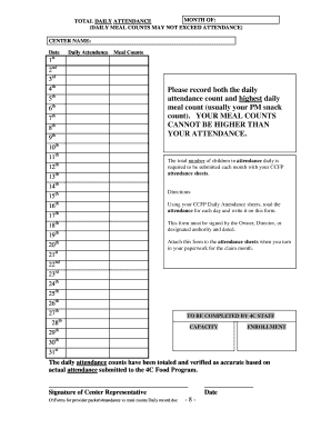 Child Care Attendance and Meal Counts Form