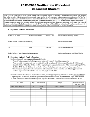 2012–2013 Verification Worksheet for Dependent Student