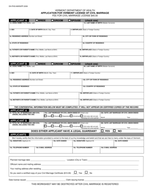 Vermont Civil Marriage License Application