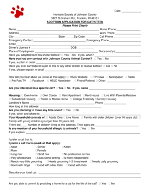 Adoption Application for Cat or Kitten