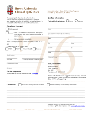 Brown University Class of 1976 Dues Form
