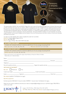 ANZAC Centenary Commemorative Shirt Order Form