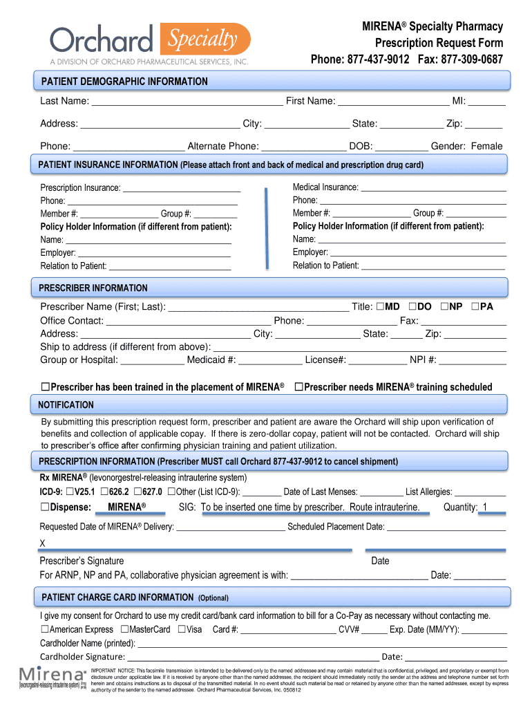Fillable Online MIRENA Specialty Pharmacy Prescription Request bb