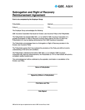 Subrogation and Right of Recovery Reimbursement Agreement