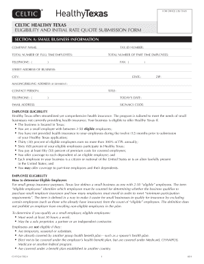 Celtic Healthy Texas Eligibility and Initial Rate Quote Submission Form