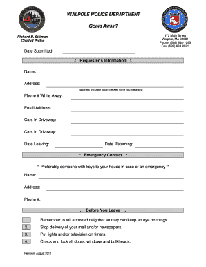 Walpole Police Vacation Home Check Request