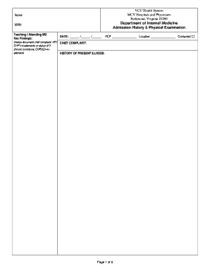 Admission History and Physical Examination Form