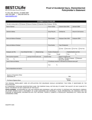 Proof of Accidental Injury and Dismemberment Claim Form