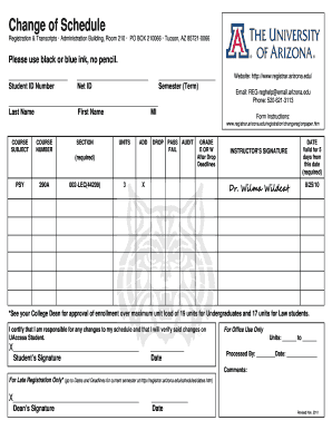 University of Arizona Change of Schedule Form