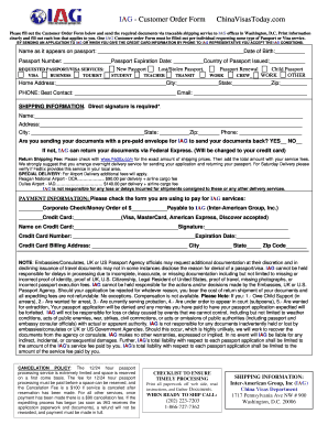 IAG Customer Order Form for Passport or Visa Services