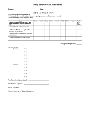 Student Daily Behavior Goal Point Sheet