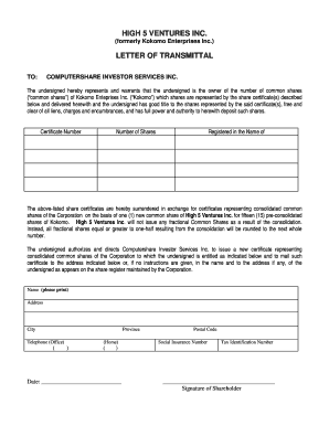 Letter of Transmittal for Share Consolidation