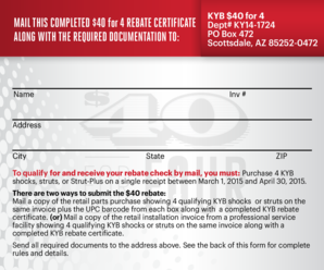 KYB $40 for 4 Rebate Certificate