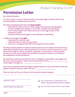 Always Changing Puberty Education Permission Letter