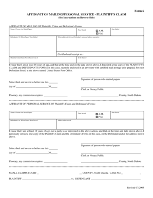 Affidavit of Mailing/Personal Service - Plaintiff's Claim