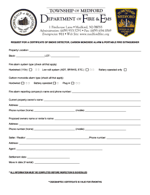 New Jersey Smoke Detector and Carbon Monoxide Alarm Compliance Certificate