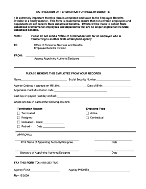 Notification of Termination for Health Benefits