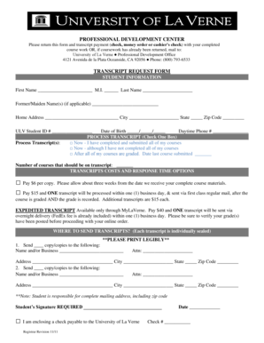 University of La Verne Transcript Request Form