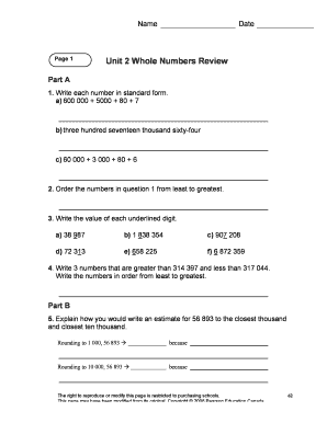 Whole Numbers Review Worksheet