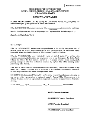 Regina Public Schools Activity Consent and Waiver