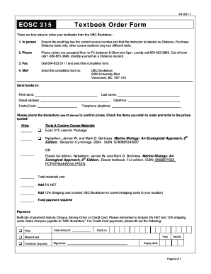 UBC Textbook Order Form