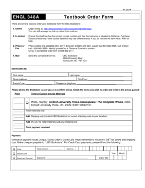 UBC Textbook Order Form