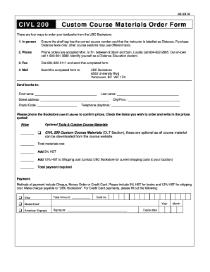 UBC Custom Course Materials Order Form