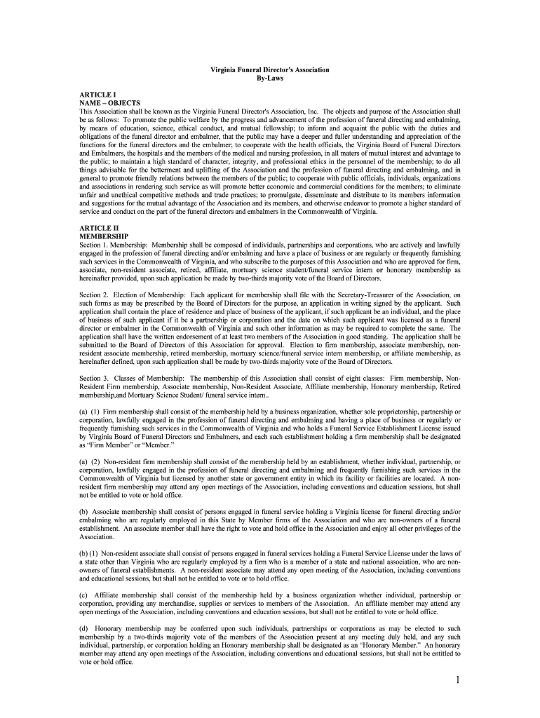 Fillable Online vfda ByLaws Virginia Funeral Directors Association
