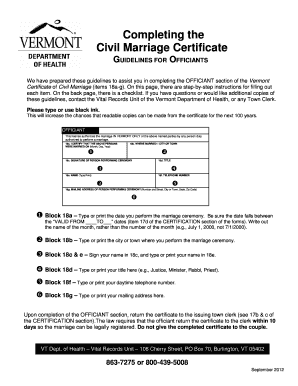 Vermont Civil Marriage Certificate Officiant Guidelines