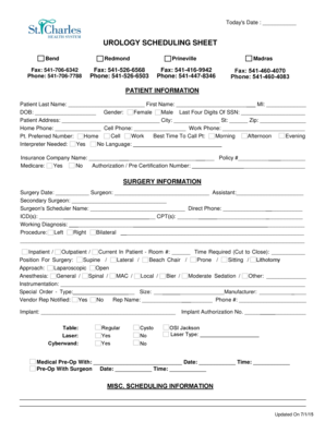 Urology Scheduling Sheet