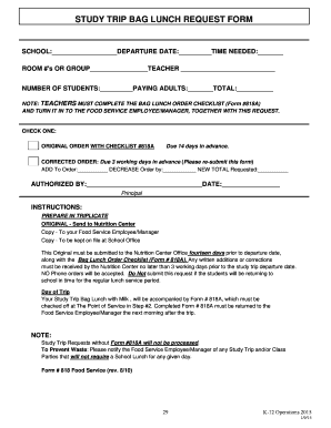 Study Trip Bag Lunch Request Form