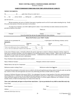 Parent Permission Form for Study Trip and Waiver of Liability