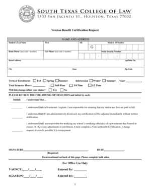 Veteran Benefit Certification Request Form