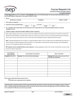 Course Request List for International Student Exchange Programs