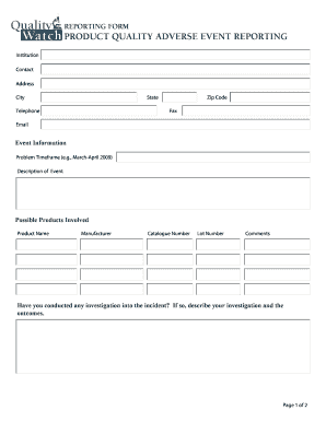 Product Quality Adverse Event Reporting Form