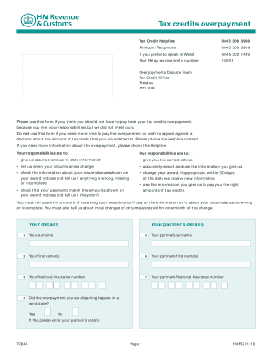 UK Tax Credits Overpayment Dispute Form