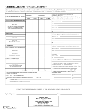 Certification of Financial Support
