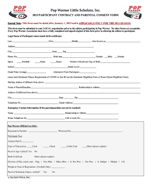 2013 Pop Warner Participant Contract and Parental Consent Form